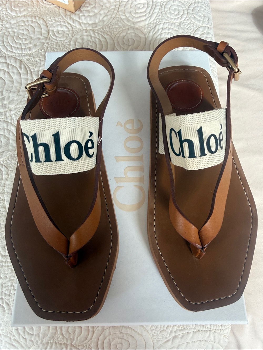 Chloé Brown Leather & Cream Canvas Slingback Sandals